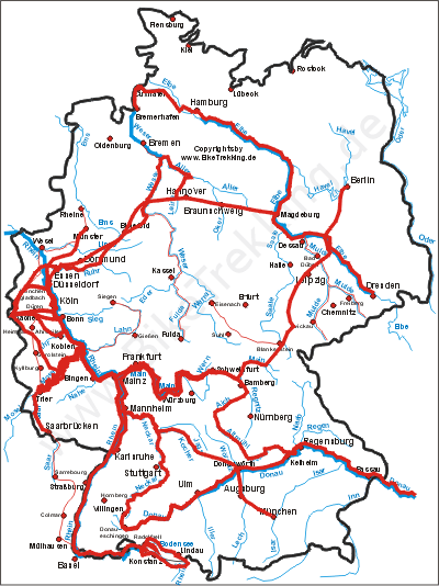 Deutschlandkarte mit eingezeichneten Radtouren